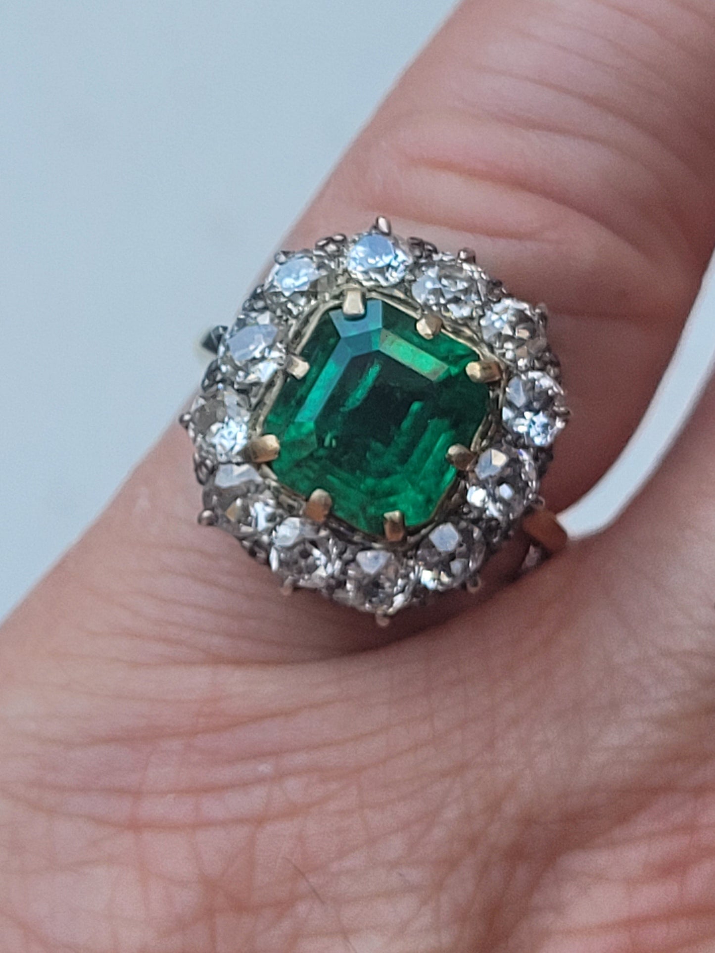 Fine Antique Emerald and diamond cluster ring sku 9138