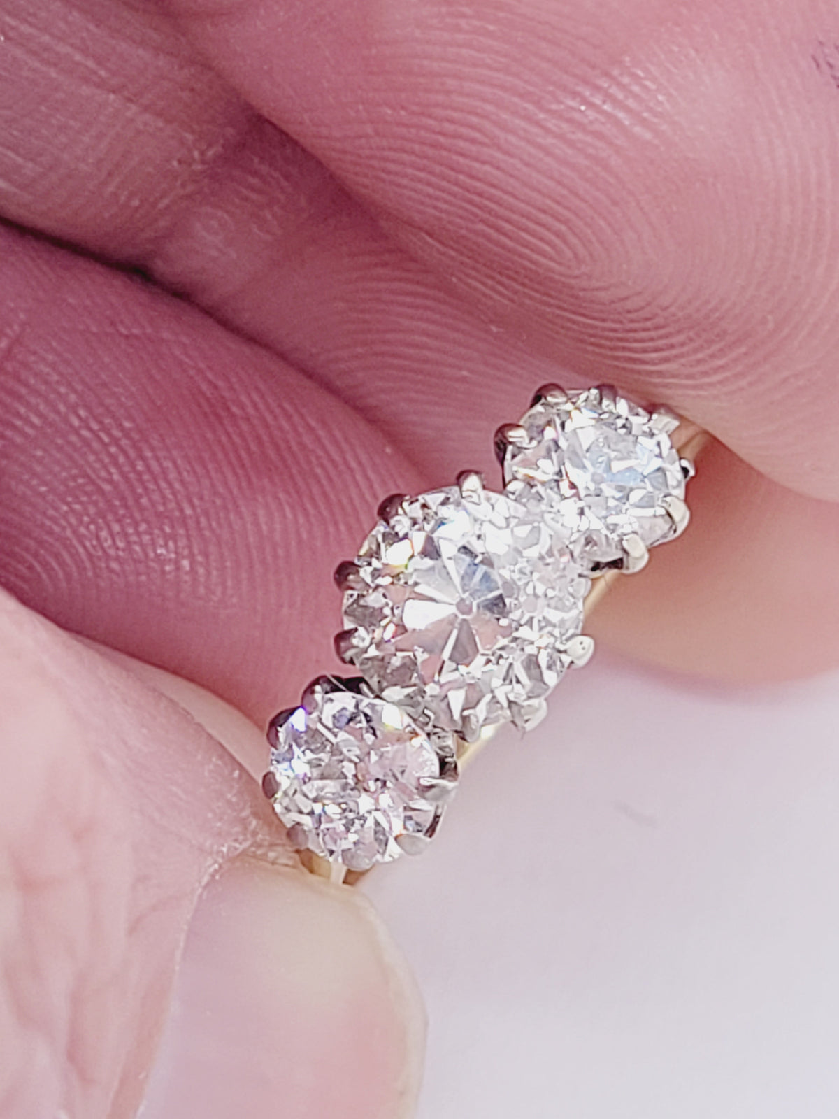 Antique old mine cut diamond trilogy engagement ring sku 9135
