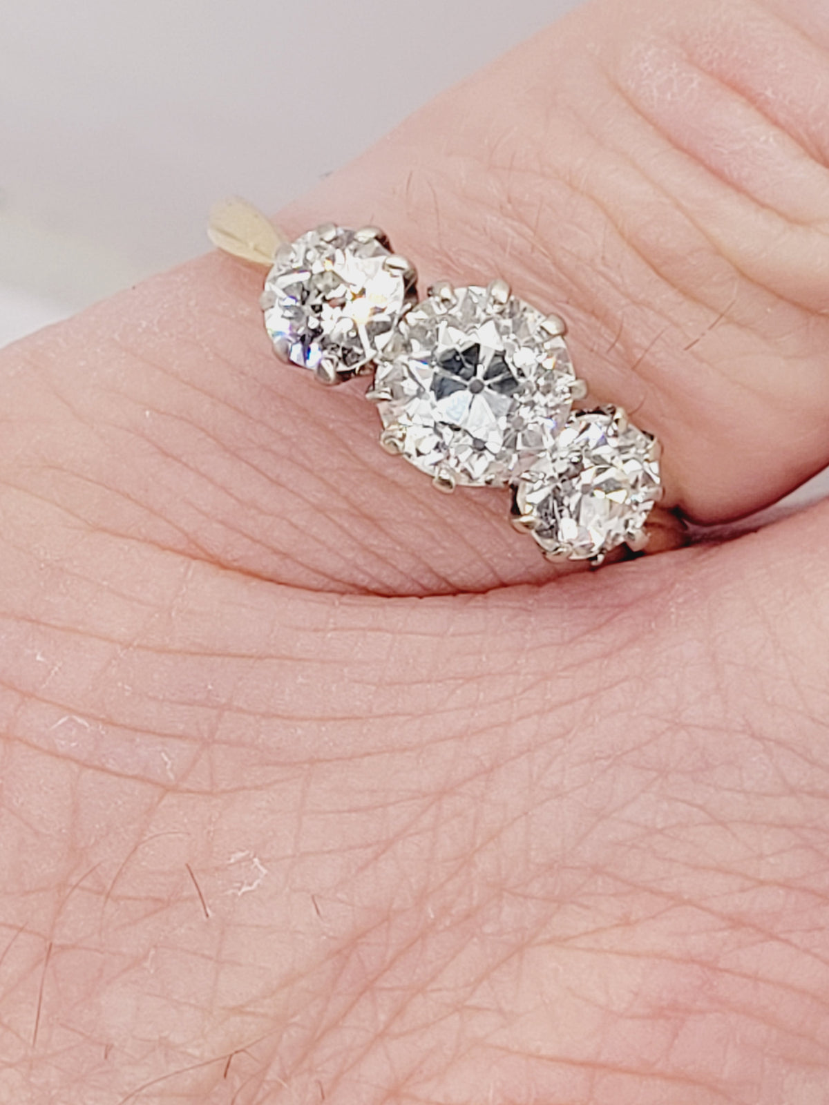 Antique old mine cut diamond trilogy engagement ring sku 9135