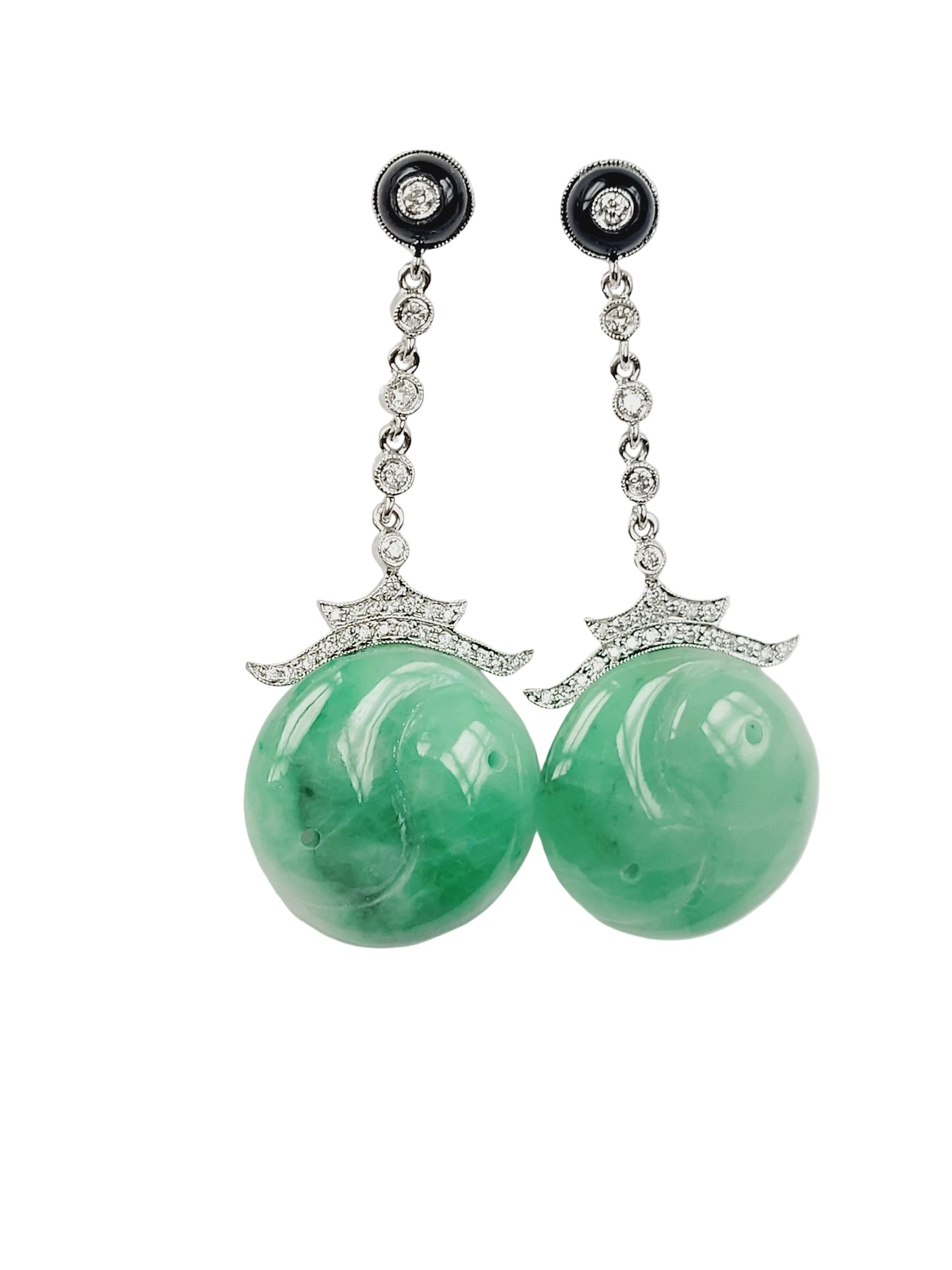 Pair of modern jade and diamond drop earrings sku 9180