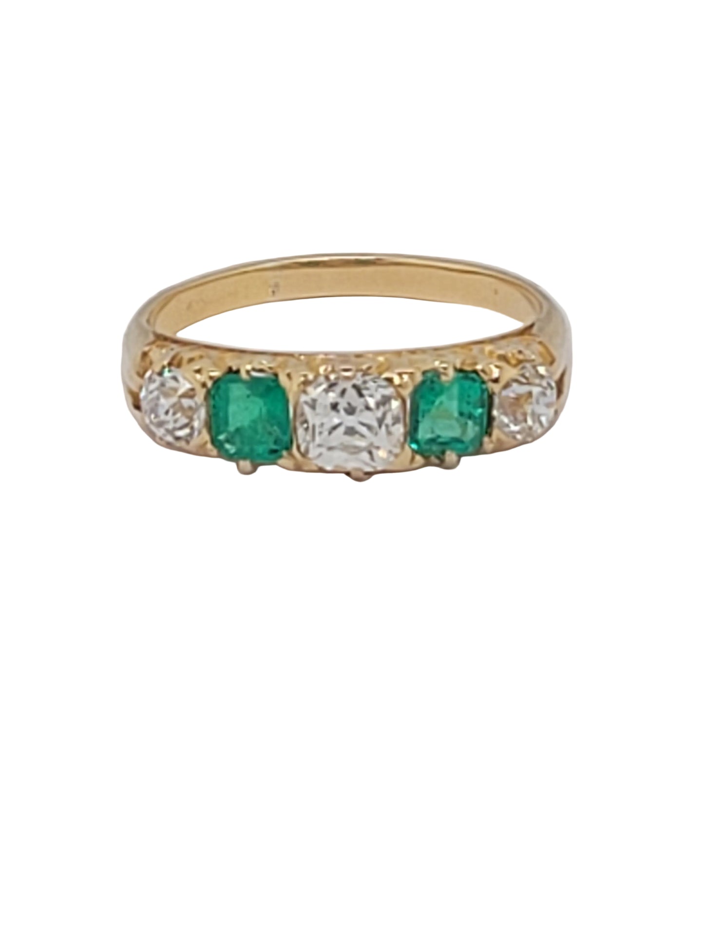 Antique emerald and diamond five stone carved half hoop ring sku 9193