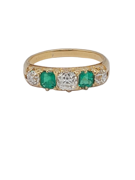 Antique emerald and diamond five stone carved half hoop ring sku 9193