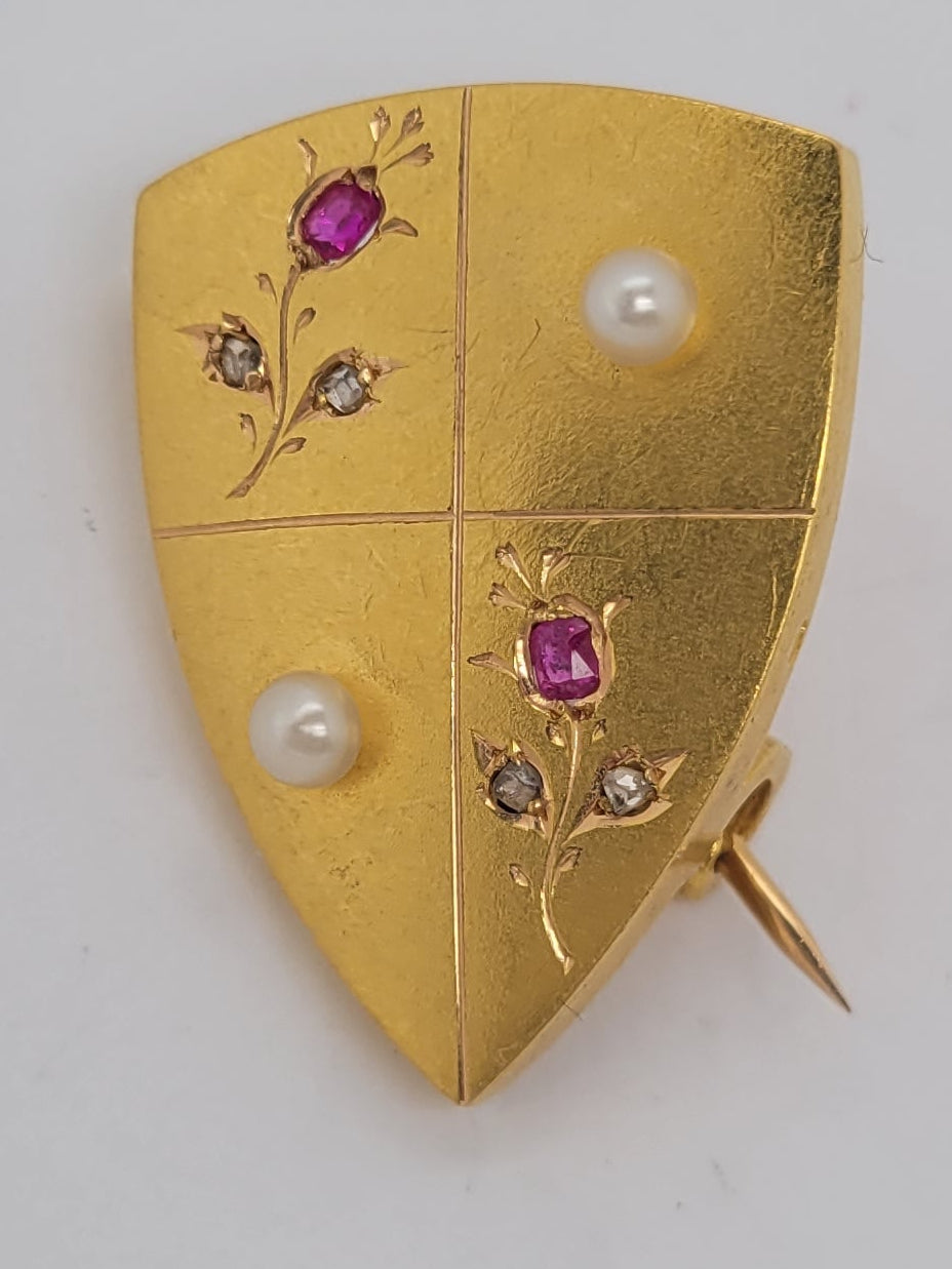 Antique gold ruby and pearl shield brooch sku 8708