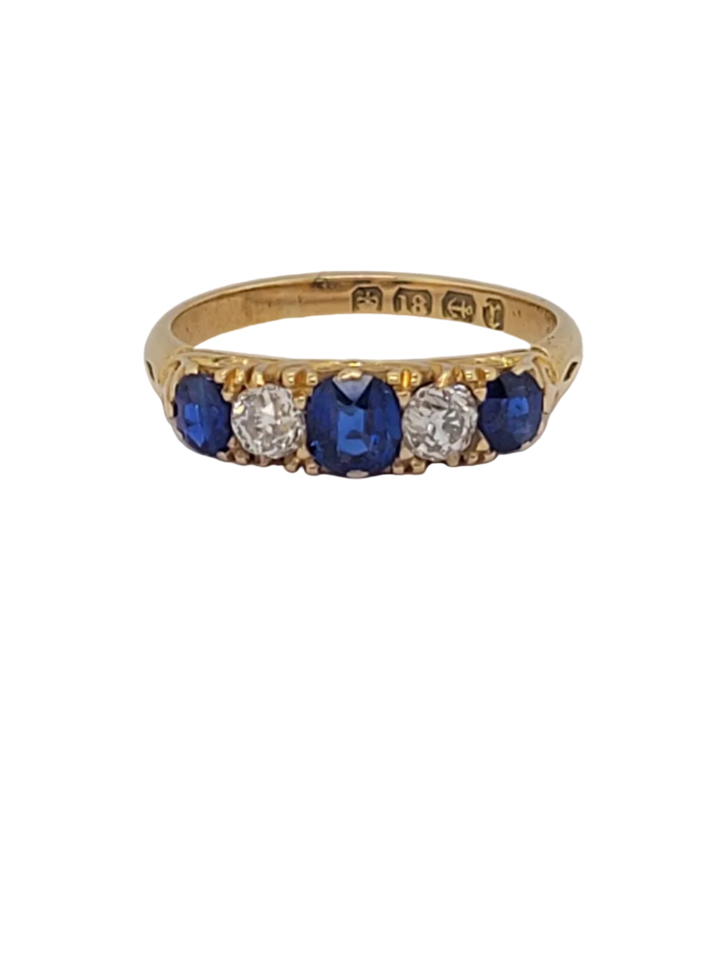 Antique sapphire and diamond five stone carved half hoop engagement ring sku 9173