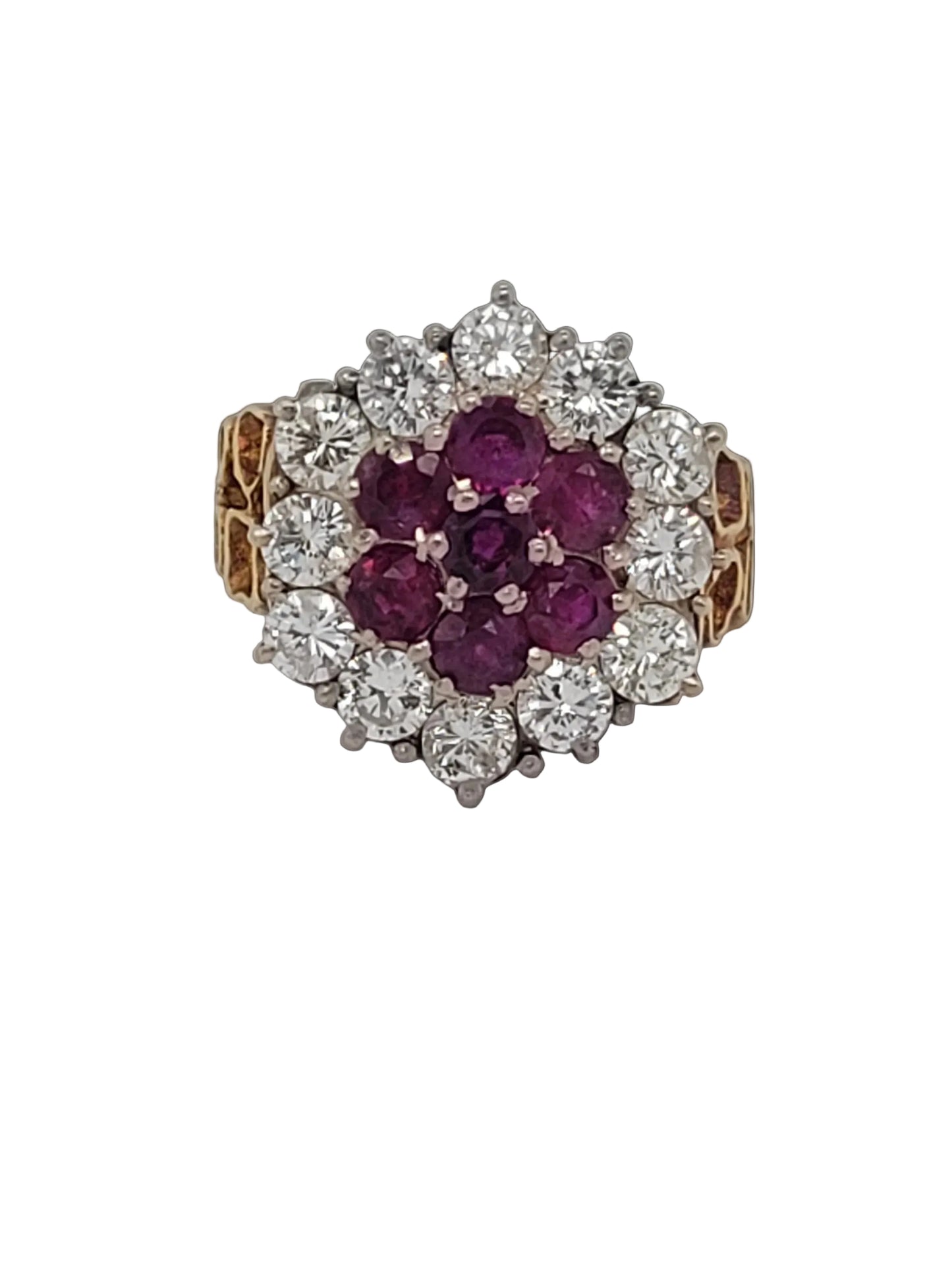 1960's Vintage Brutalist ruby and diamond cluster cocktail ring sku 8896