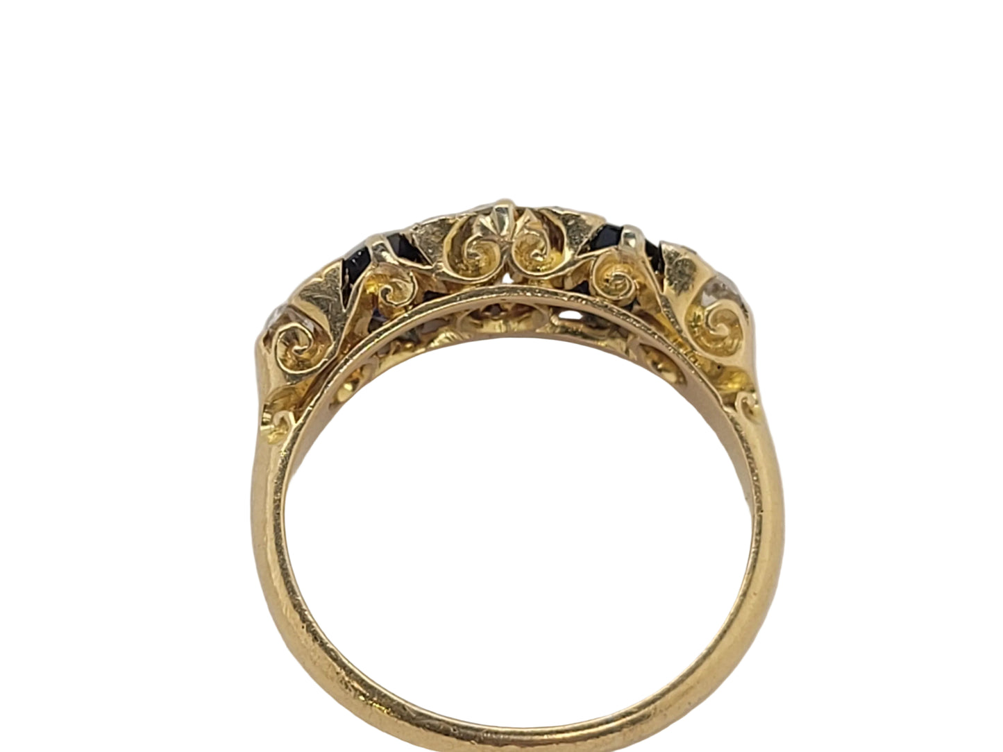 Antique sapphire and diamond five stone carved half hoop ring sku 9082