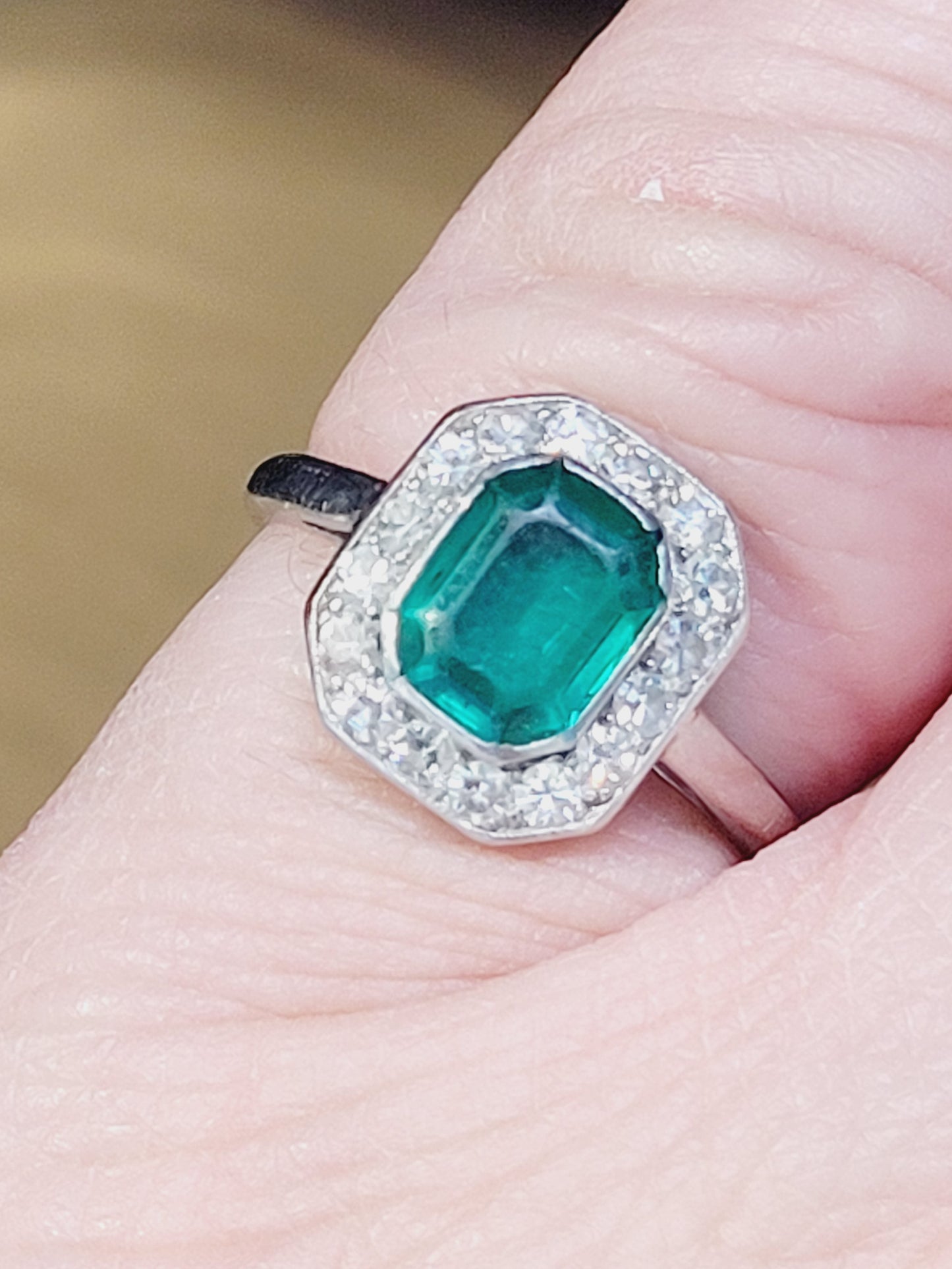 Fine art deco Columbian emerald and diamond engagement ring sku 9075