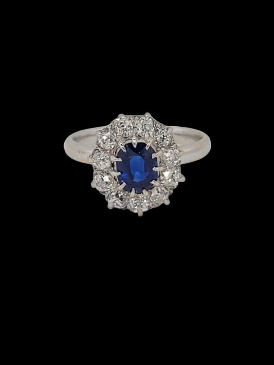 Antique sapphire and diamond cluster engagement ring sku 8745