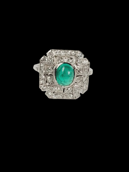 Art deco cabochon emerald and diamond cluster ring SKU 8723