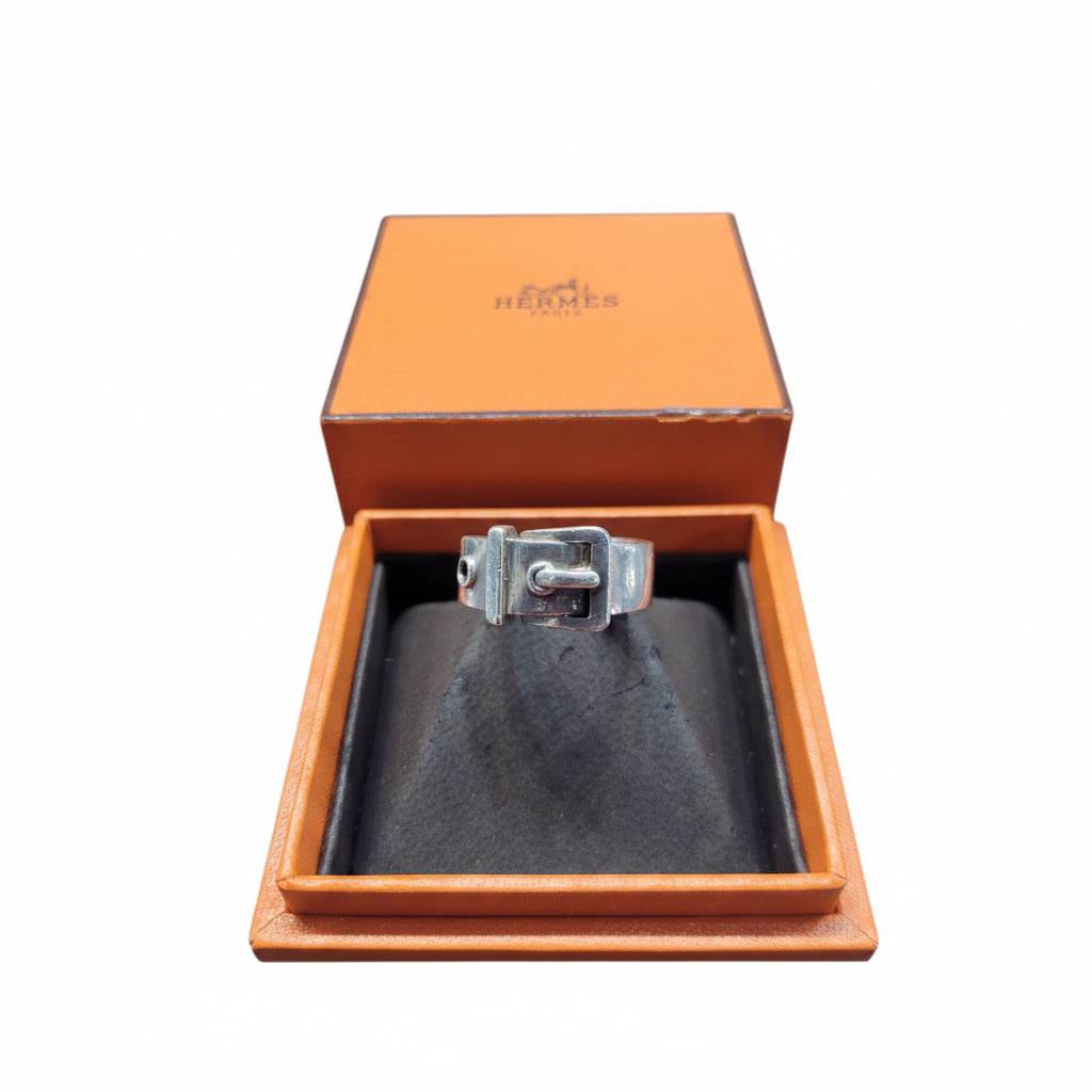 Vintage Hermes boxed silver buckle ring Sku 8919