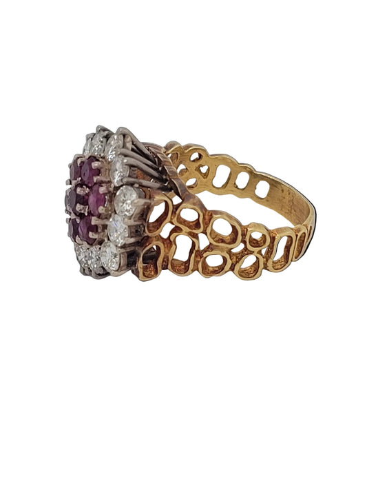 1960's Vintage Brutalist ruby and diamond cluster cocktail ring sku 8896