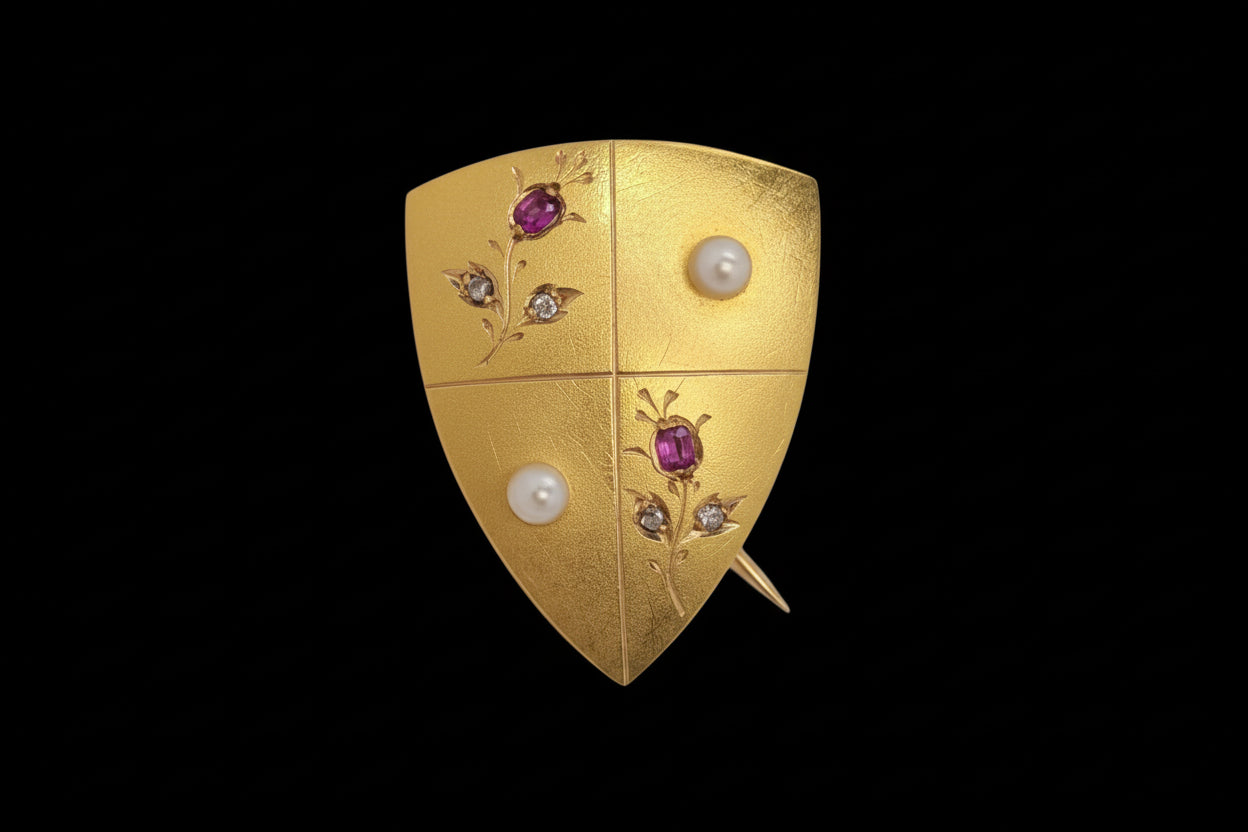 Antique gold ruby and pearl shield brooch sku 8708