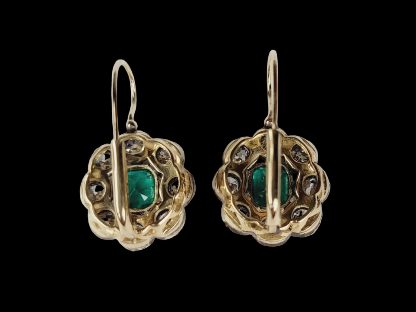 Antique emerald and diamond cluster drop earrings sku 8858