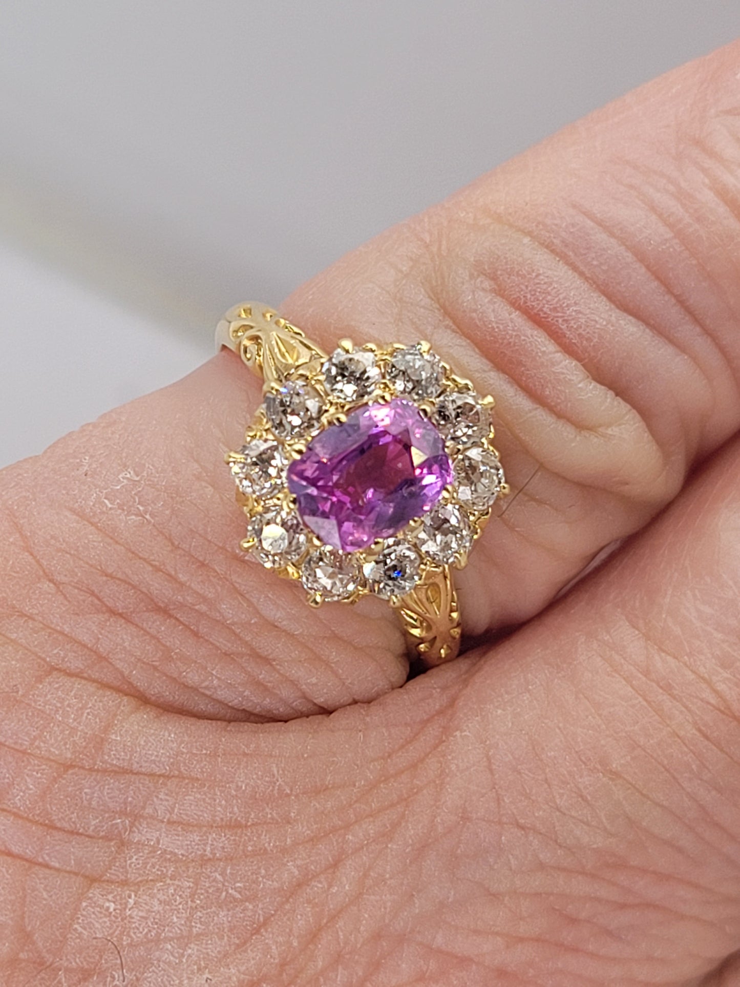 Hot bubble gum pink sapphire and old mine cut diamond cluster engagement ring Sku 9108