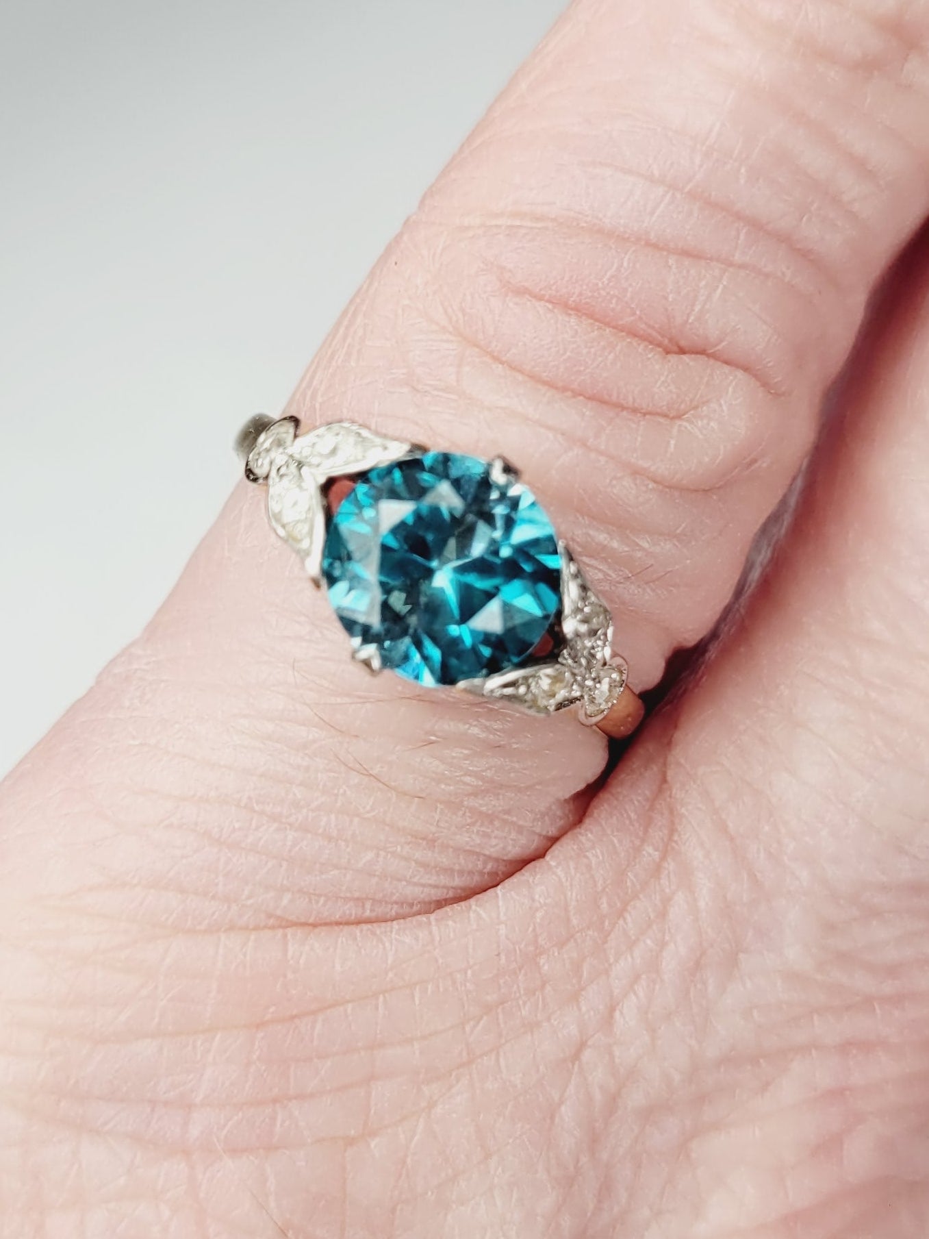 Edwardian blue zircon and diamond ring sku 8779