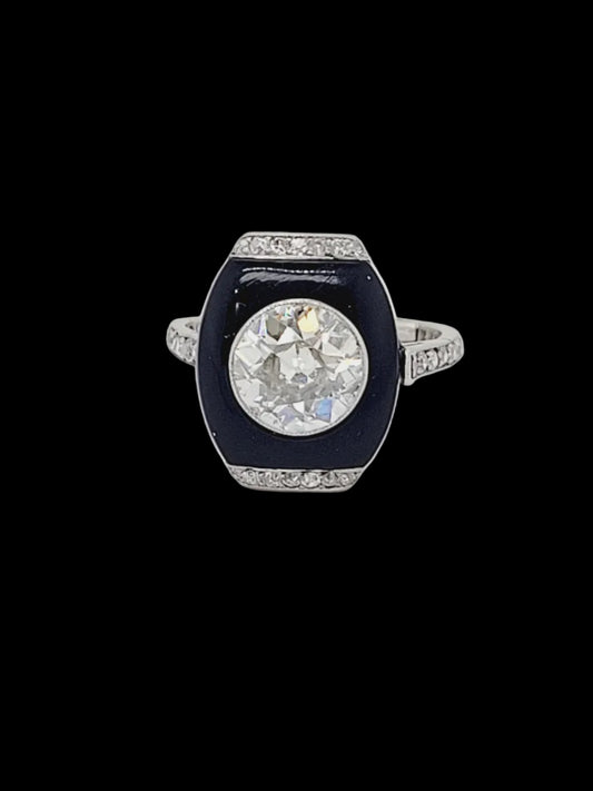 Art deco onyx and 1.90ct transitional cut diamond ring sku 8796
