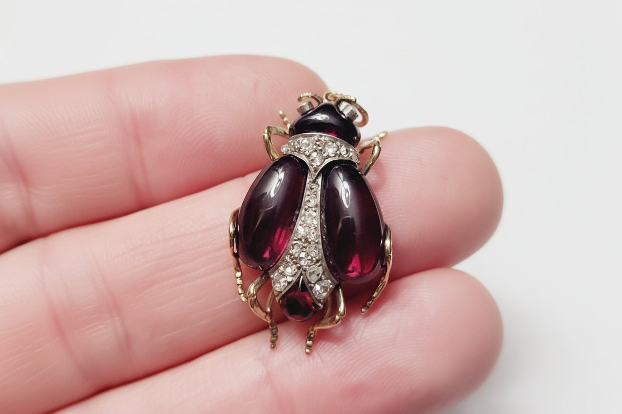 Super rare cabochon garnet and diamond 19th century bug pendant sku 8877
