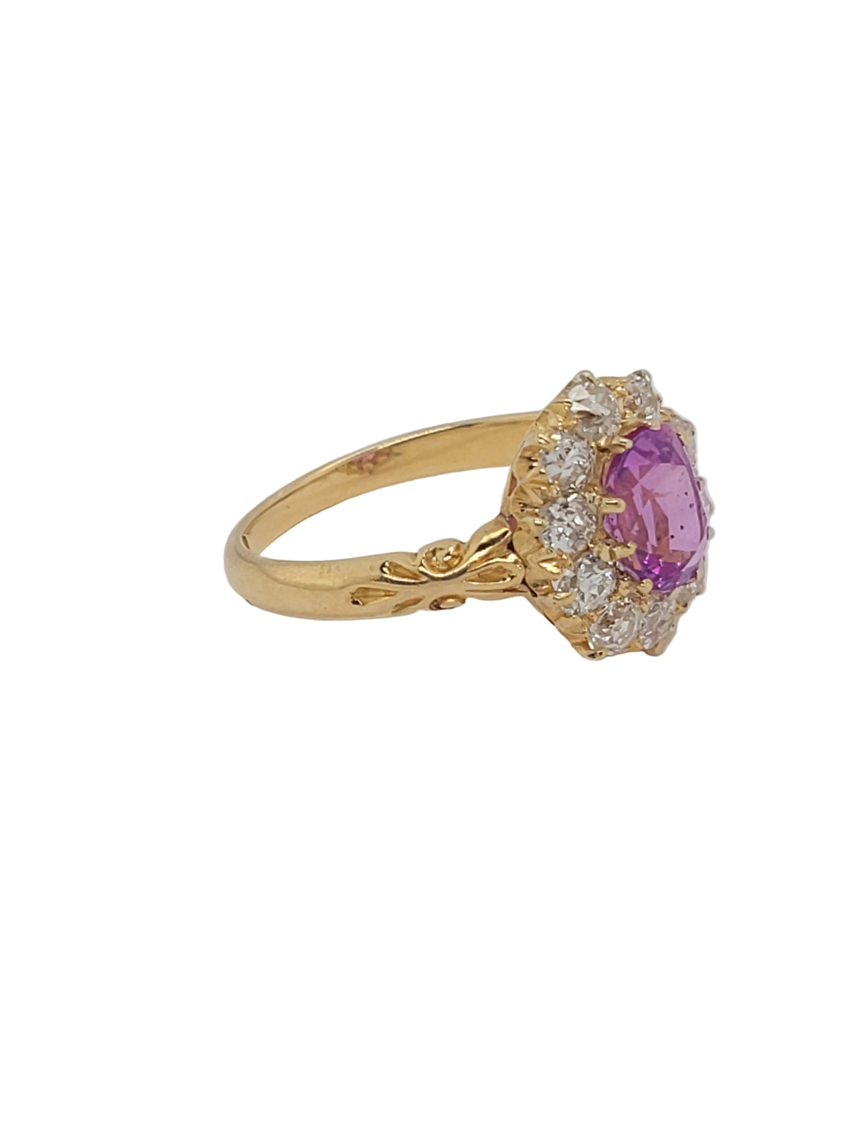 Hot bubble gum pink sapphire and old mine cut diamond cluster engagement ring Sku 9108