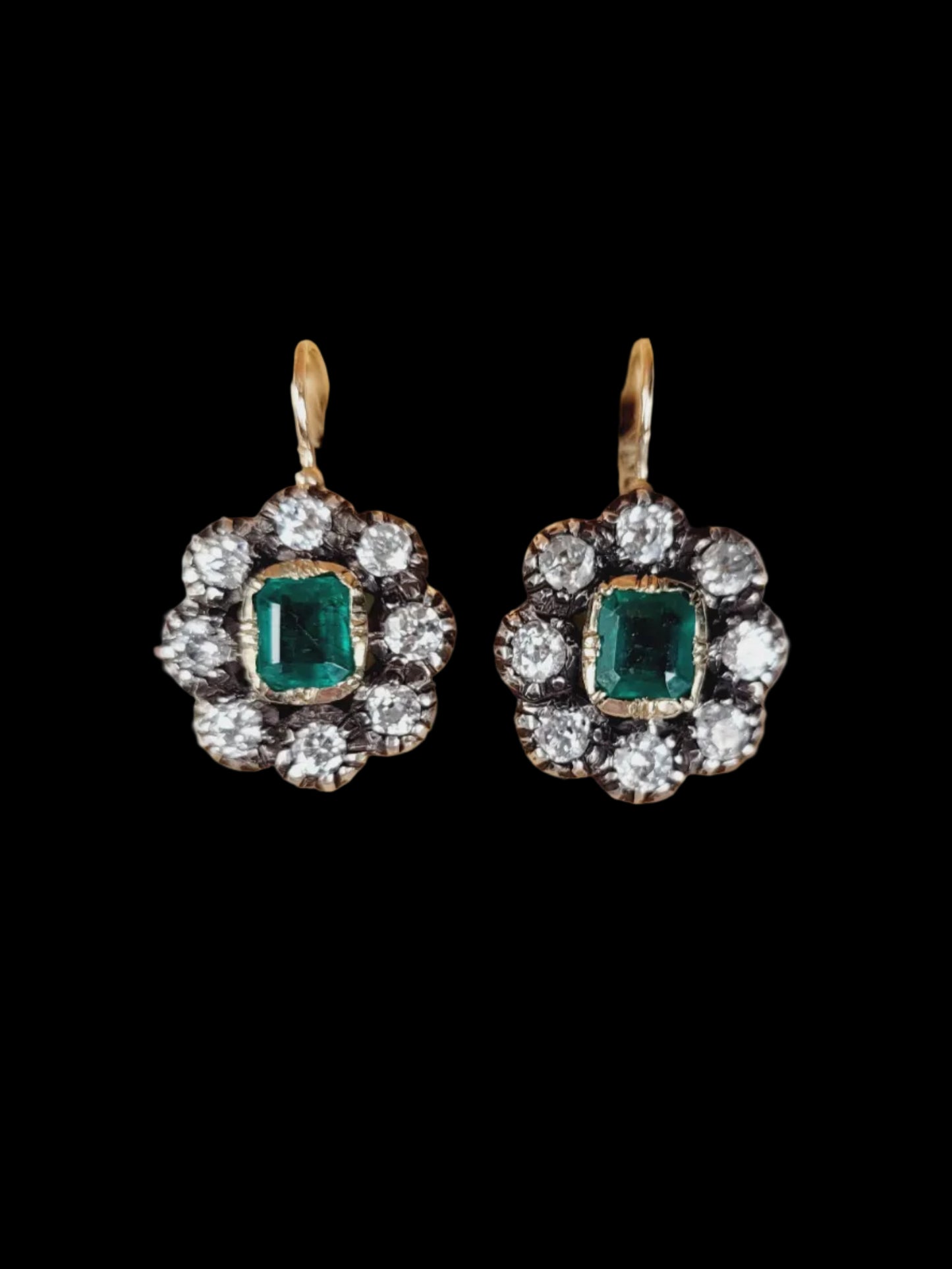 Antique emerald and diamond cluster drop earrings sku 8858