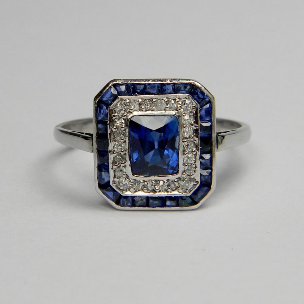 SOLD Art Deco Sapphire & Diamond Target Panel Ring | DB Gems