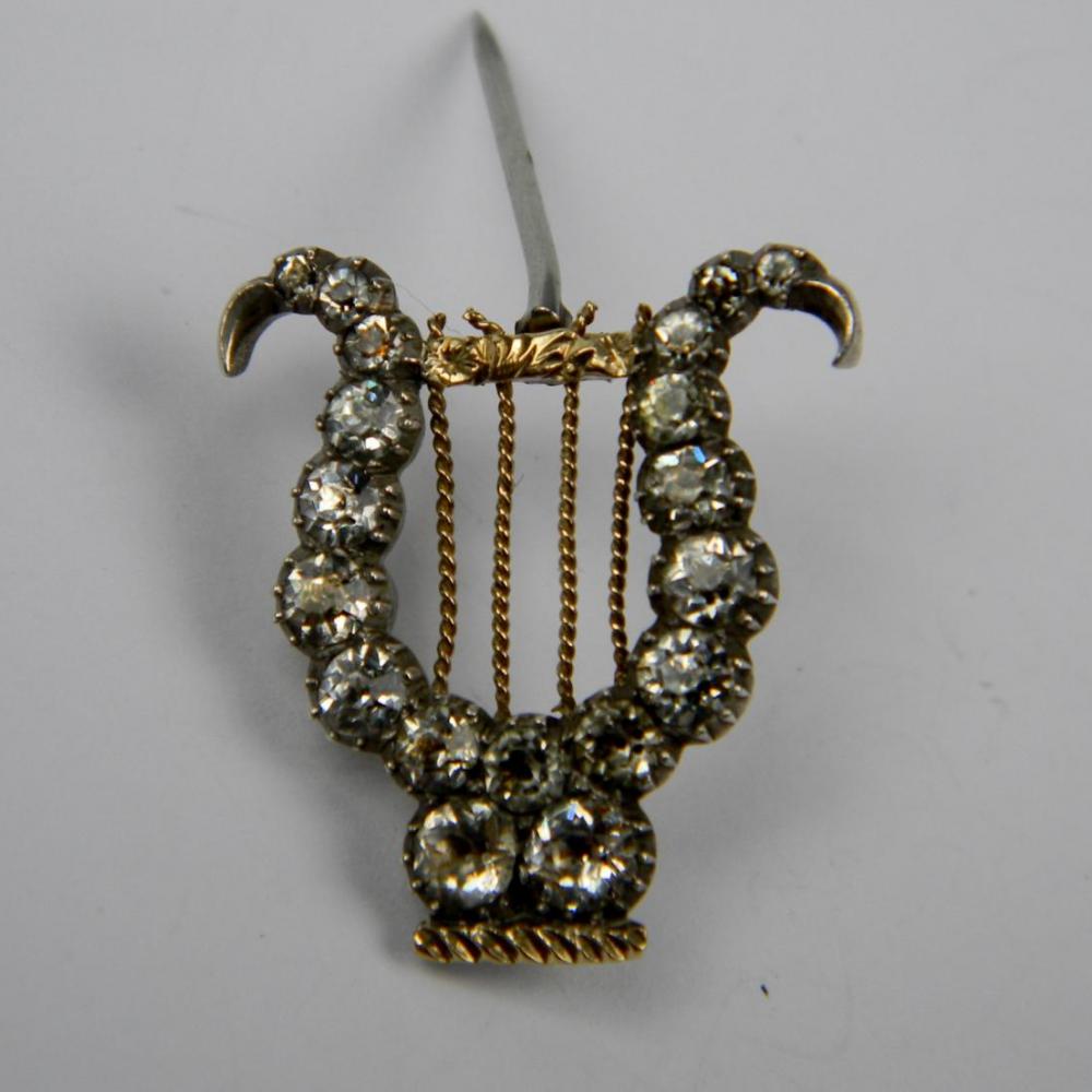 Paste Lyre brooch set with pastes in silver and gold | DB Gems