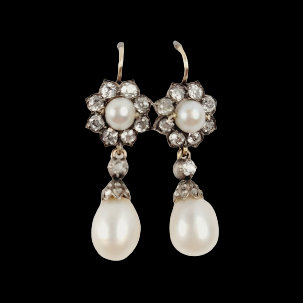Edwardian Natural Pearl and Diamond Earrings- Charlotte Sayers Antique  Jewellery