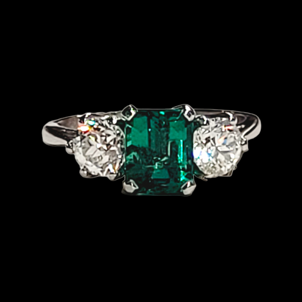 Emerald and diamond three stine engagement ring DB Gems